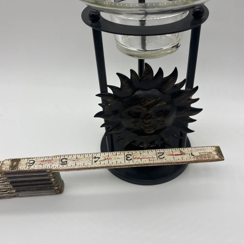 Vintage Celestial Sun Candle Holder & Oil Warmer Metal Bronze Finish Glass Top